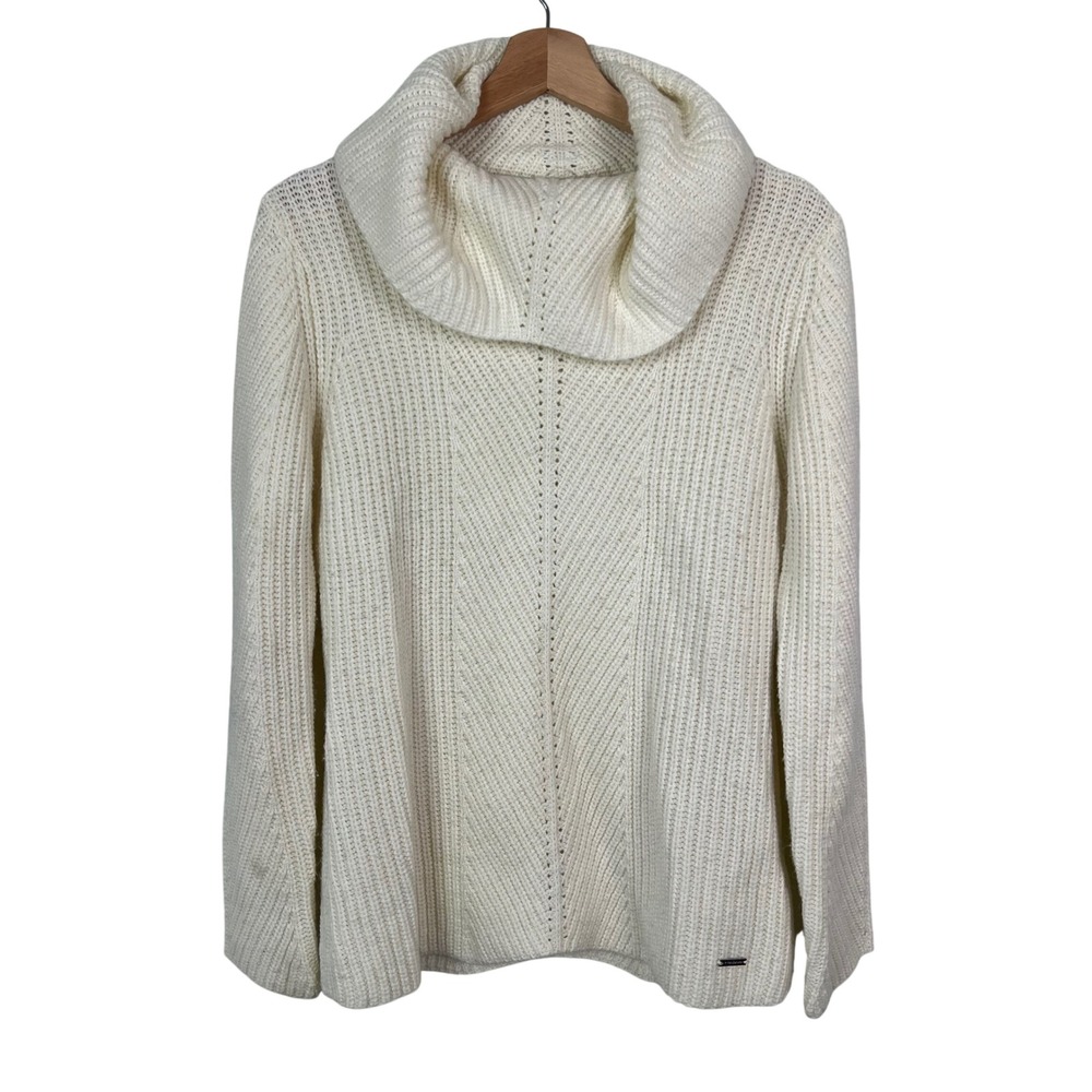 Tahari Womens Cowl Neck‎ Ribbed Knit Wool Blend Sweater Cream Ivory Size Medium